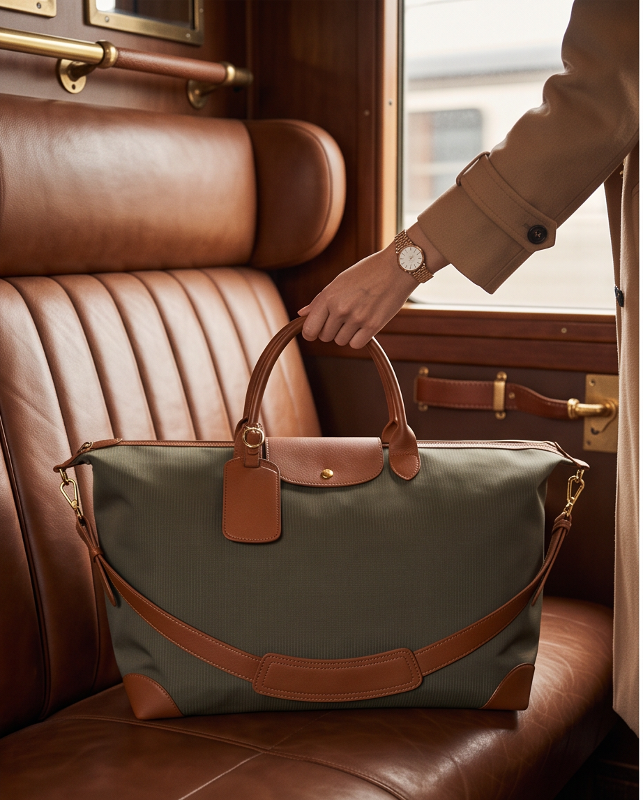 Q-CARA Large Nylon & Leather Travel Tote Bag for Women – Laptop Compartment, Waterproof
