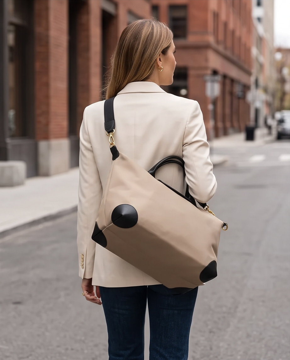 Q-VAULTO Premium Nylon & Leather Travel Tote Bag – 14" Laptop, Waterproof, Work & Travel