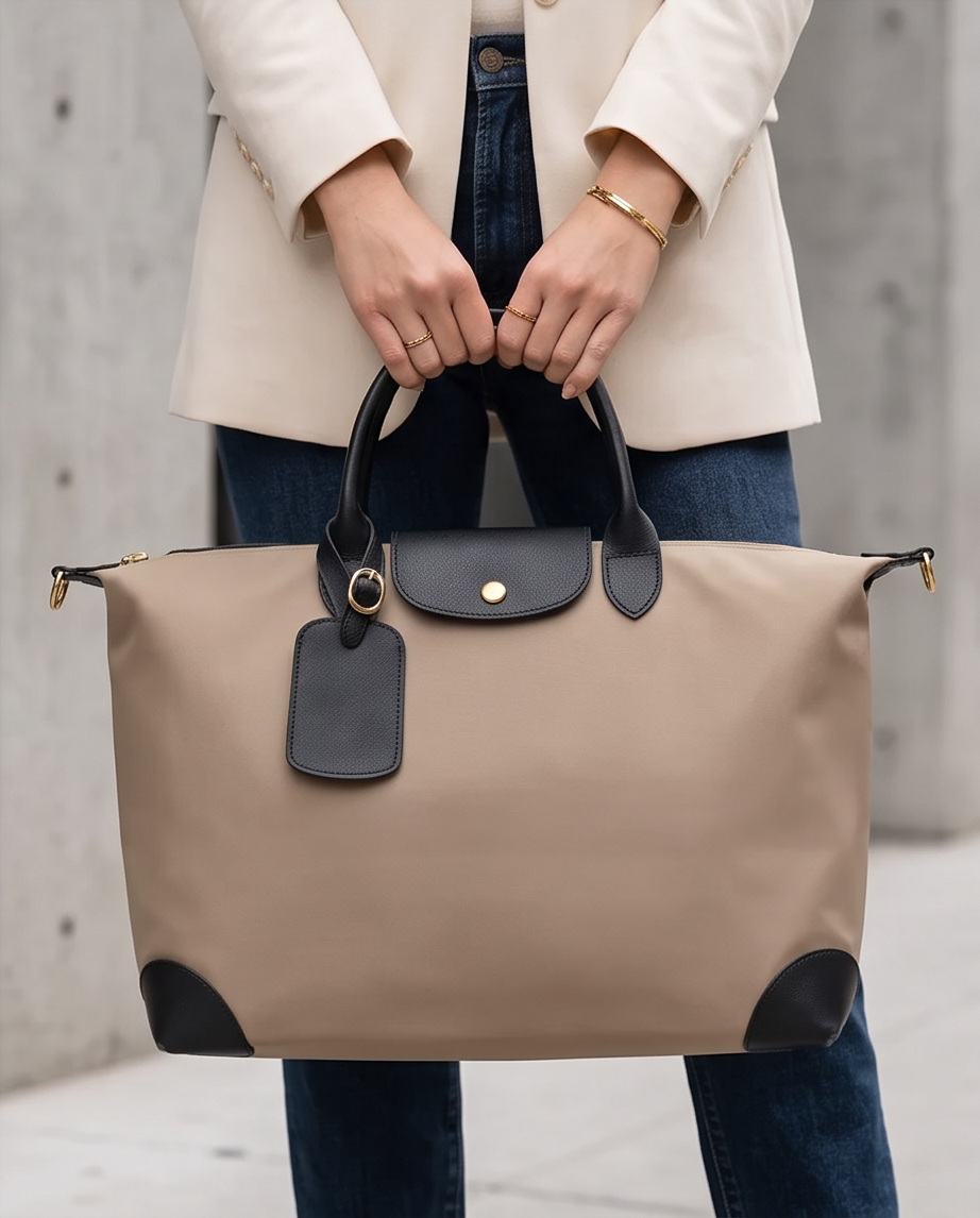 Q-VAULTO Premium Nylon & Leather Travel Tote Bag – 14" Laptop, Waterproof, Work & Travel