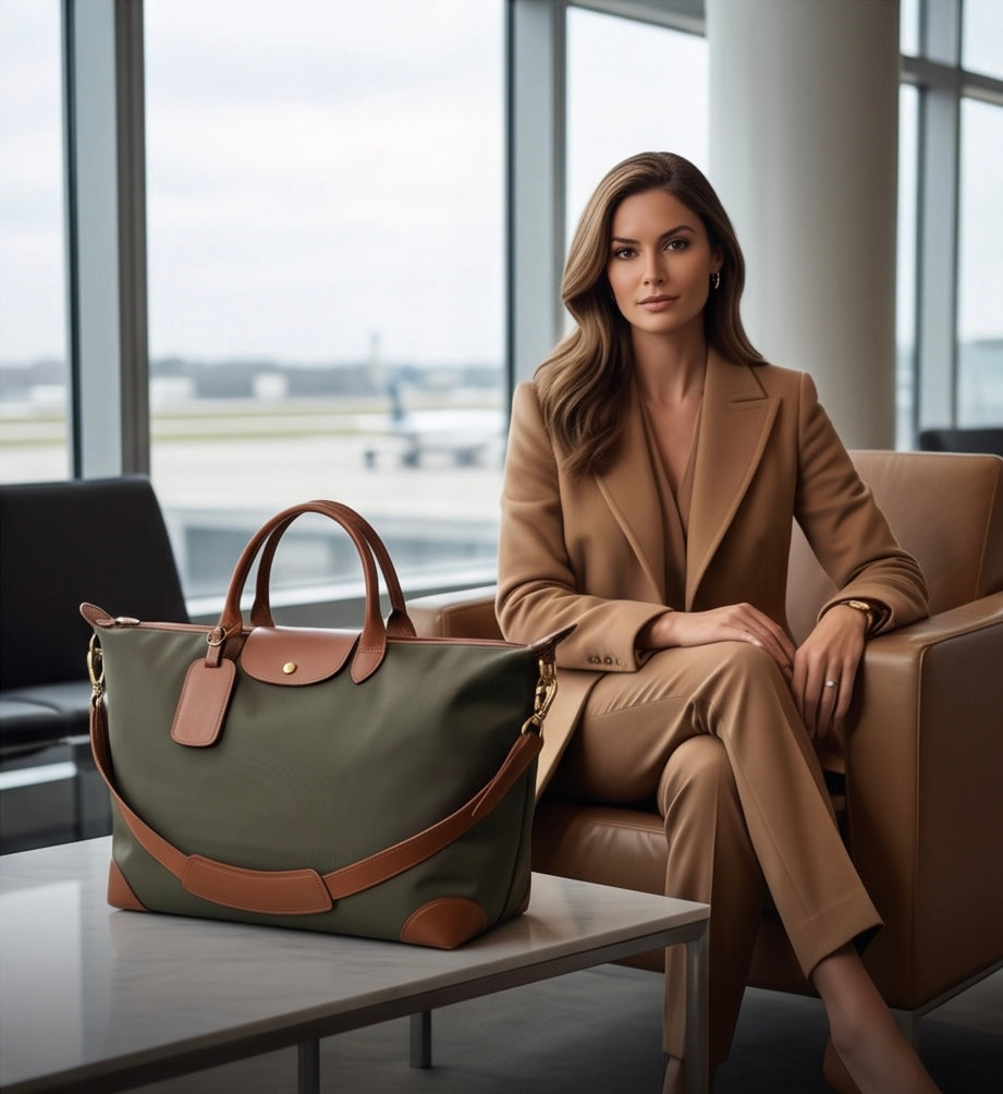 Q-VAULTO Premium Nylon & Leather Travel Tote Bag – 14" Laptop, Waterproof, Work & Travel