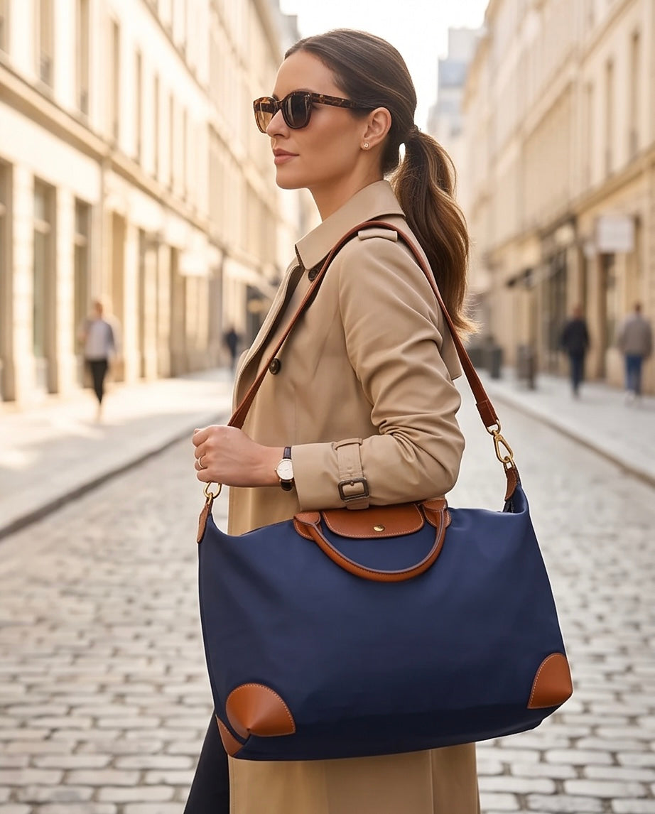 Q-VAULTO Premium Nylon & Leather Travel Tote Bag – 14" Laptop, Waterproof, Work & Travel