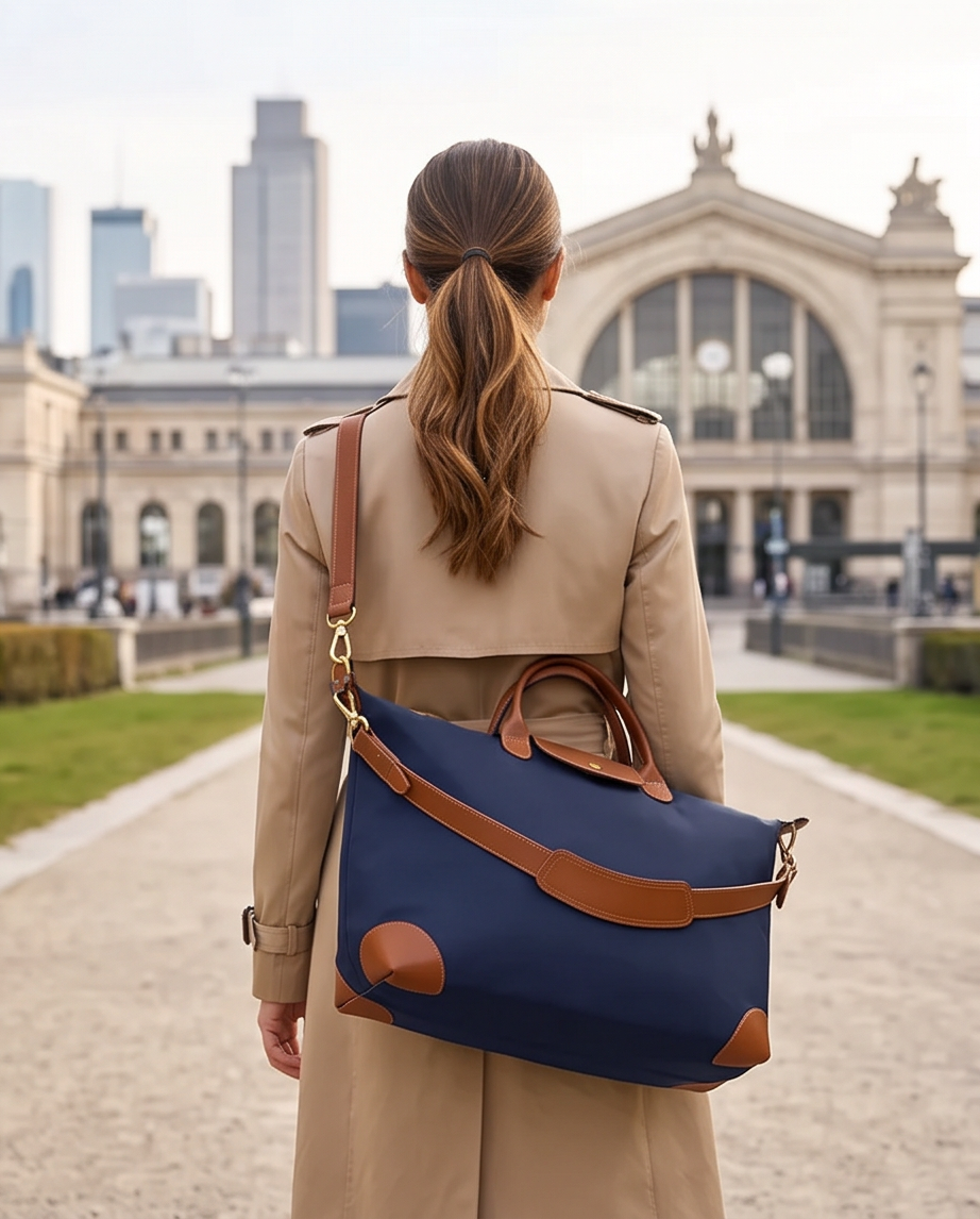Q-VAULTO Premium Nylon & Leather Travel Tote Bag – 14" Laptop, Waterproof, Work & Travel