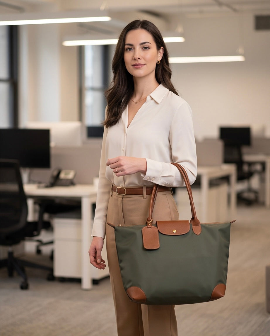 Q-VELORA Medium Nylon & Leather Travel Tote Bag – Waterproof, Laptop Compartment, 2-Way Carry