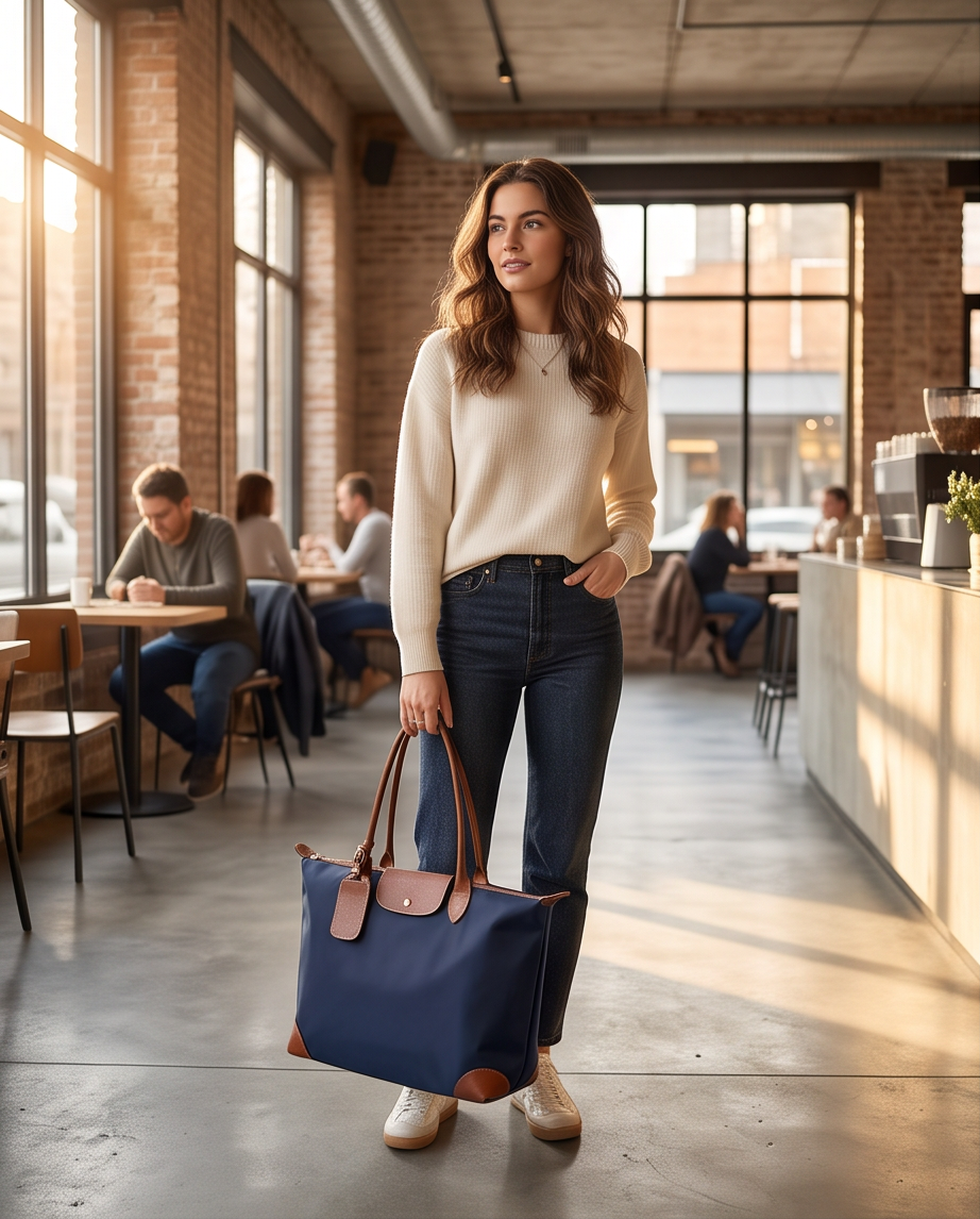 Q-VELORA Medium Nylon & Leather Travel Tote Bag – Waterproof, Laptop Compartment, 2-Way Carry