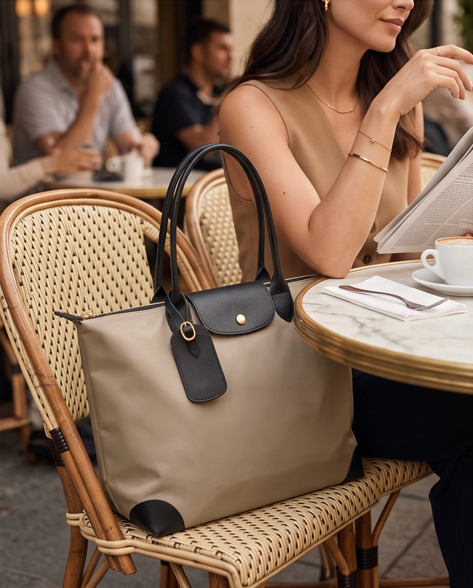 Q-VELORA Medium Nylon & Leather Travel Tote Bag – Waterproof, Laptop Compartment, 2-Way Carry