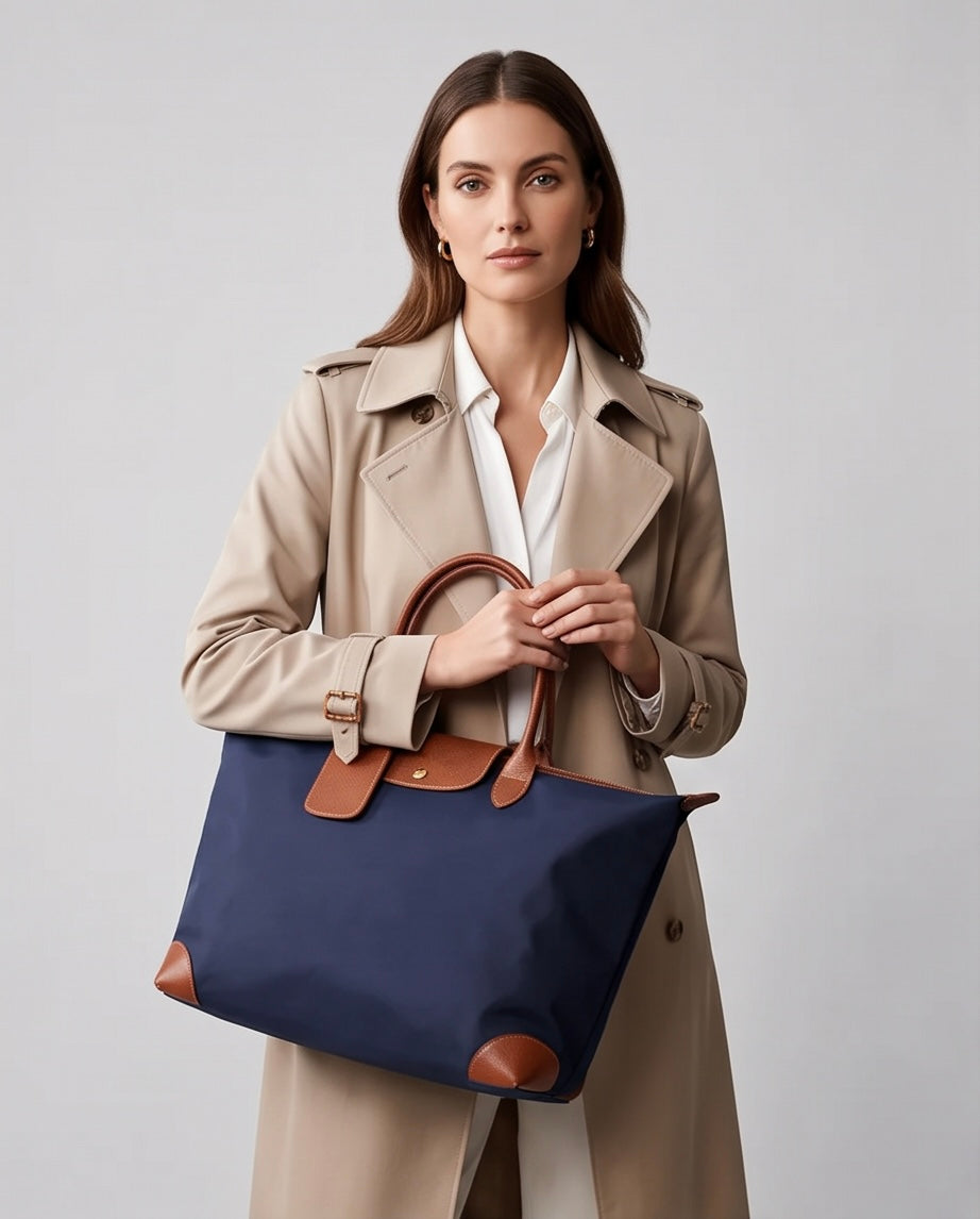 Q-VELORA Medium Nylon & Leather Travel Tote Bag – Waterproof, Laptop Compartment, 2-Way Carry