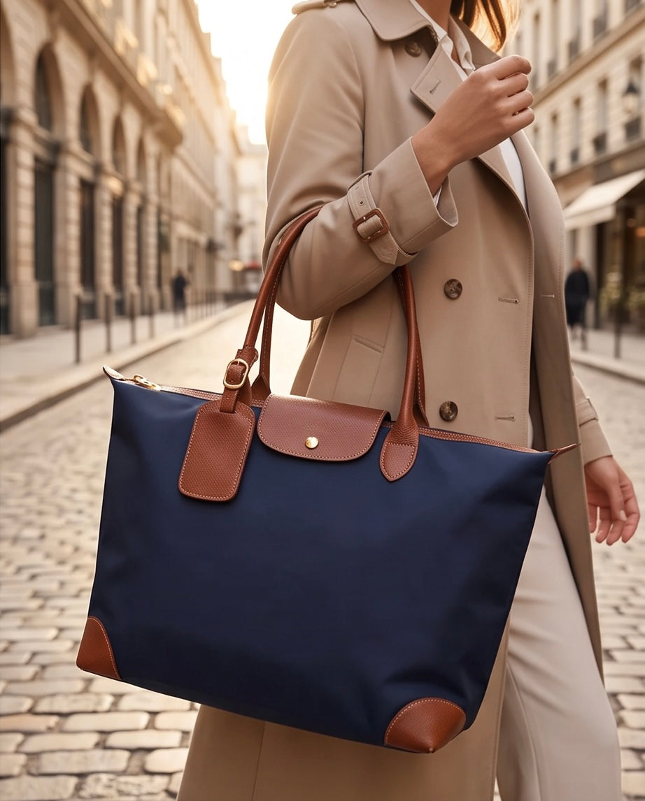 Q-VELORA Medium Nylon & Leather Travel Tote Bag – Waterproof, Laptop Compartment, 2-Way Carry