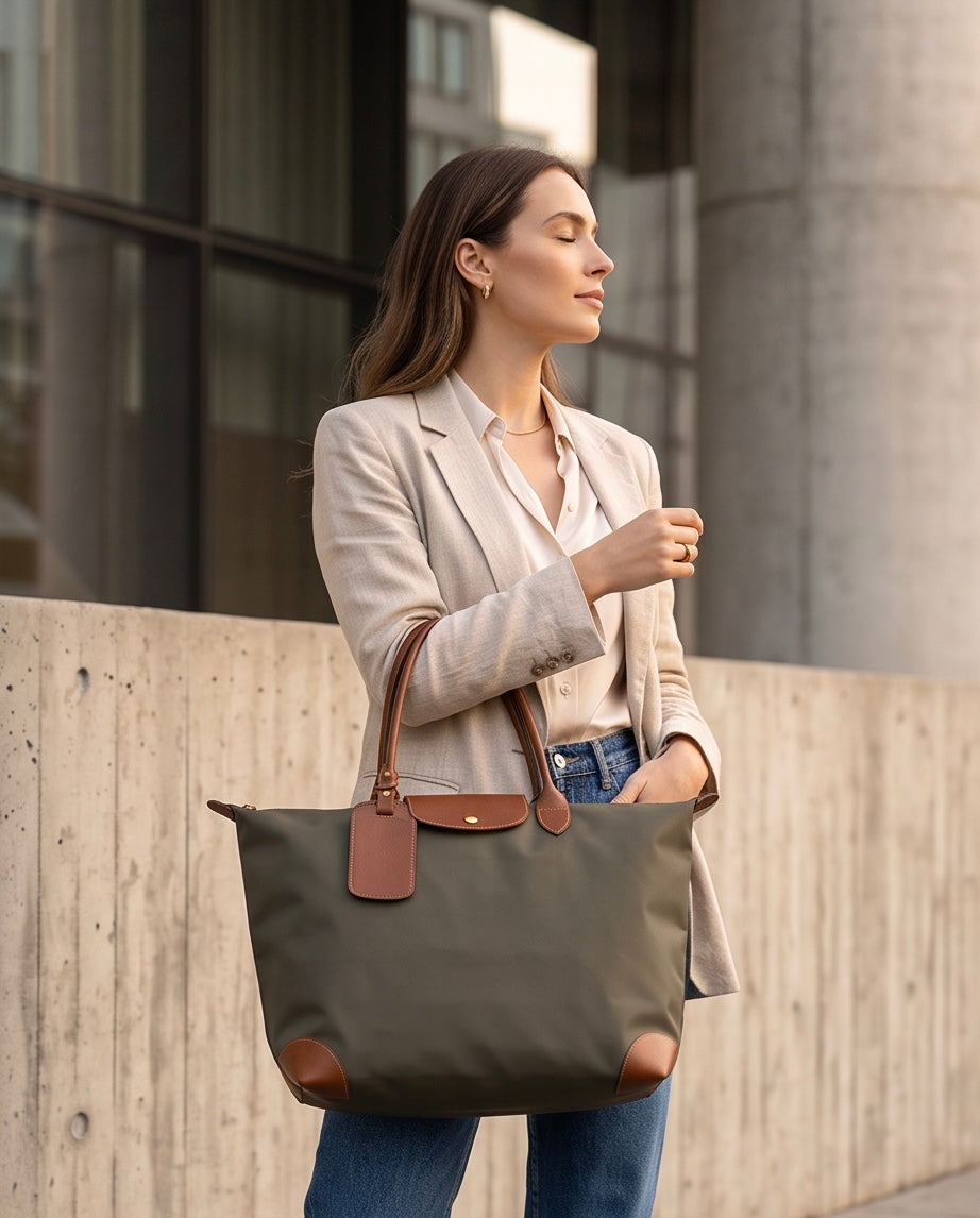 Q-VELORA Medium Nylon & Leather Travel Tote Bag – Waterproof, Laptop Compartment, 2-Way Carry
