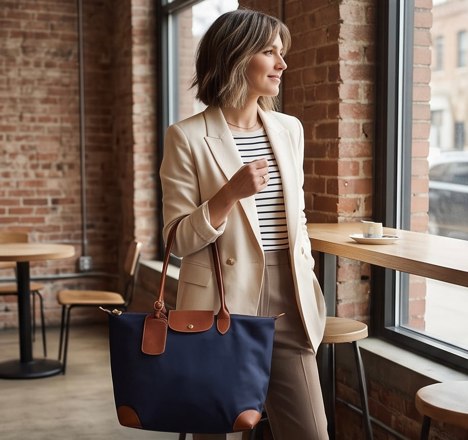 Q-VELORA Medium Nylon & Leather Travel Tote Bag – Waterproof, Laptop Compartment, 2-Way Carry