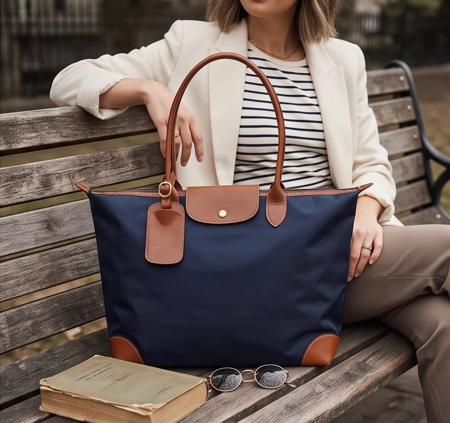 Q-VELORA Medium Nylon & Leather Travel Tote Bag – Waterproof, Laptop Compartment, 2-Way Carry