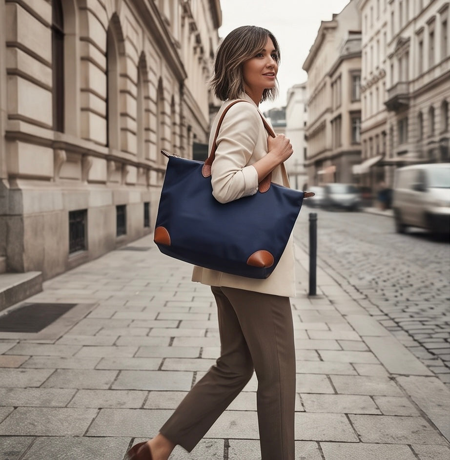 Q-VELORA Medium Nylon & Leather Travel Tote Bag – Waterproof, Laptop Compartment, 2-Way Carry