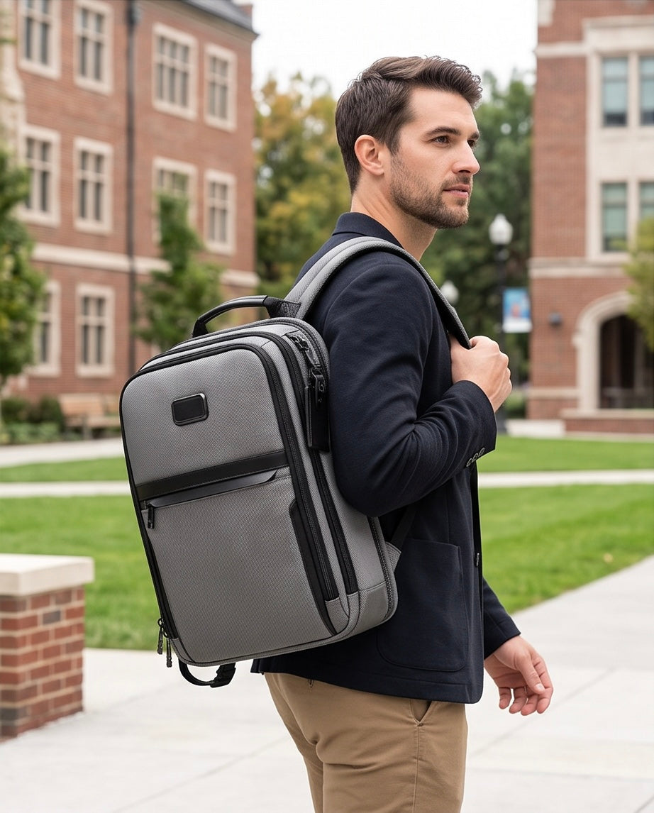 Q-NEXUS Ballistic Nylon & Leather Backpack – 16" MacBook, 3 Compartments, Waterproof