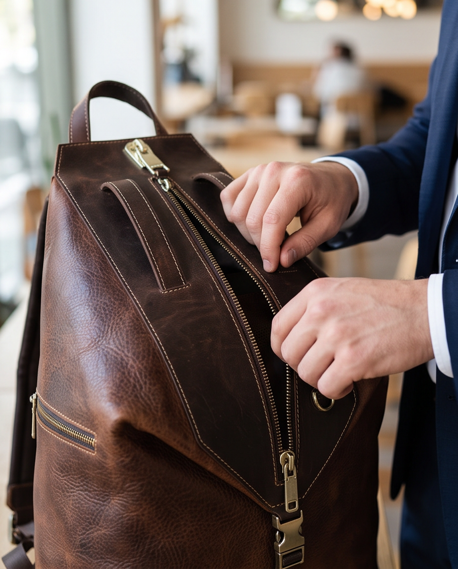 Q-TRAILHEAD Full-Grain Leather Anti-Theft Backpack for Men – 20–35L, 13.3" Laptop, Travel