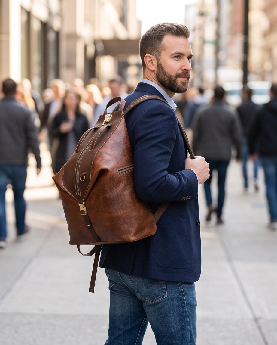 Q-TRAILHEAD Full-Grain Leather Anti-Theft Backpack for Men – 20–35L, 13.3" Laptop, Travel