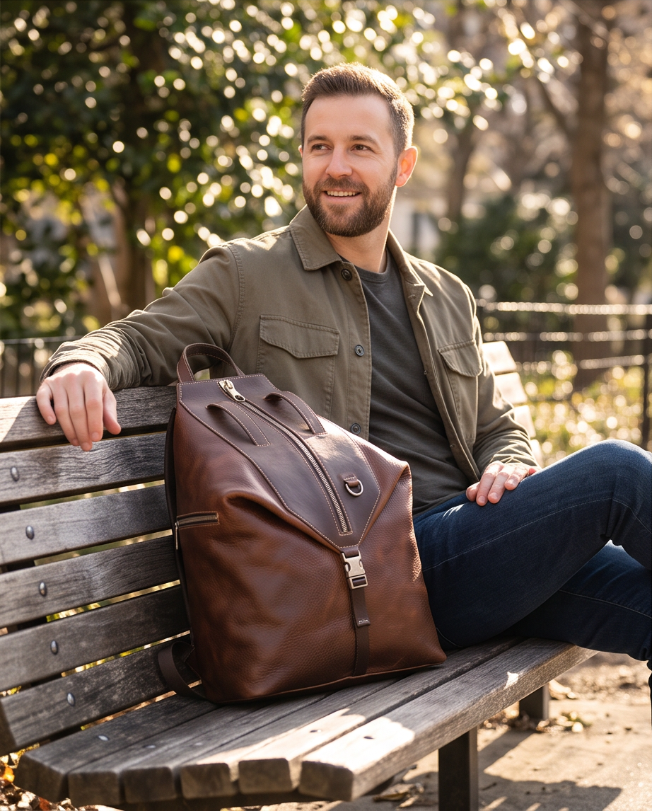 Q-TRAILHEAD Full-Grain Leather Anti-Theft Backpack for Men – 20–35L, 13.3" Laptop, Travel