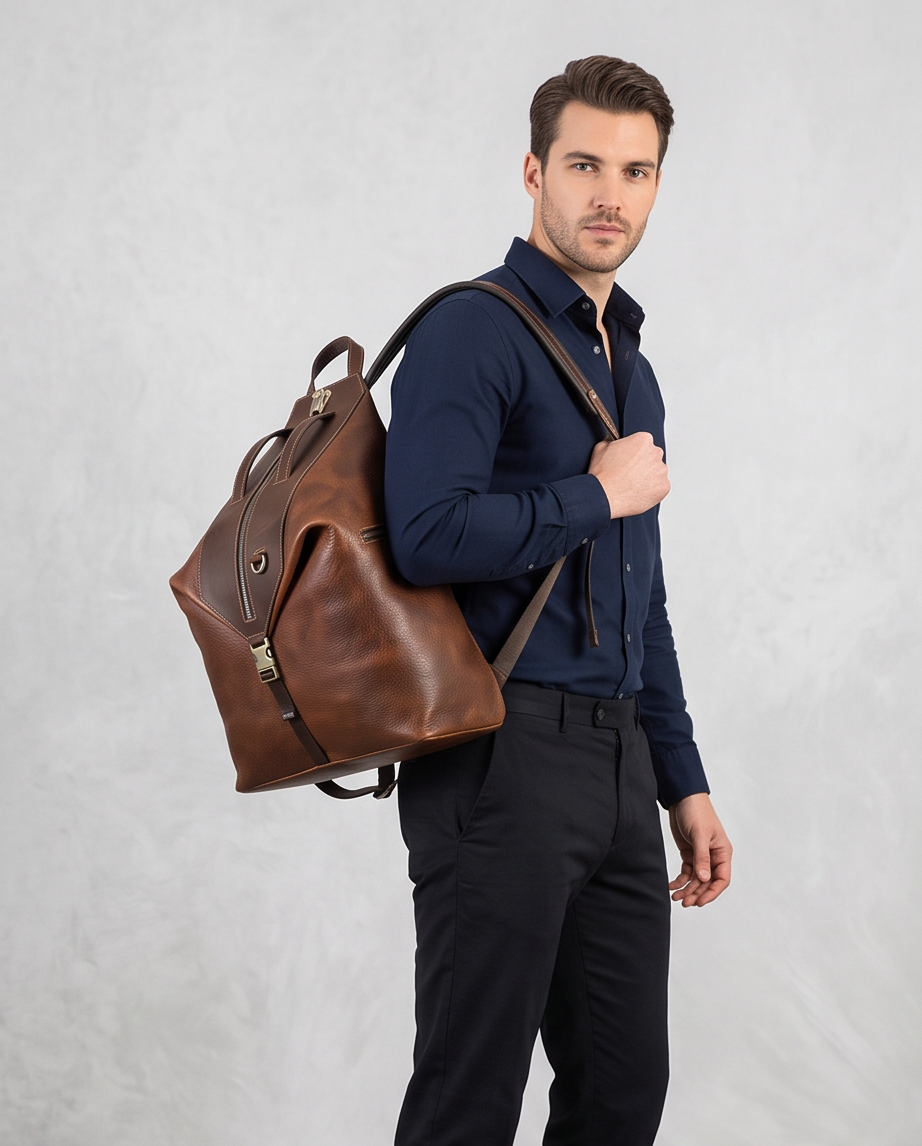 Q-TRAILHEAD Full-Grain Leather Anti-Theft Backpack for Men – 20–35L, 13.3" Laptop, Travel