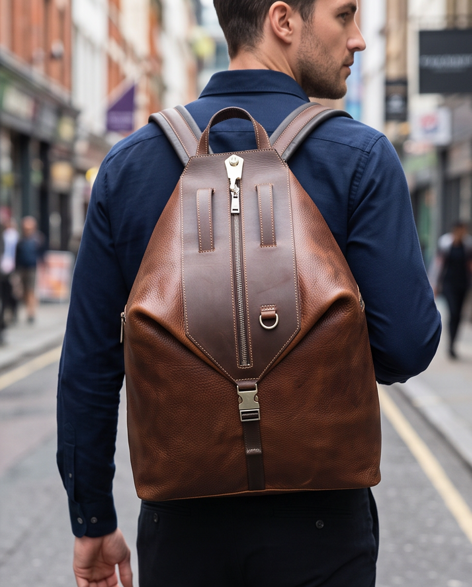 Q-TRAILHEAD Full-Grain Leather Anti-Theft Backpack for Men – 20–35L, 13.3" Laptop, Travel