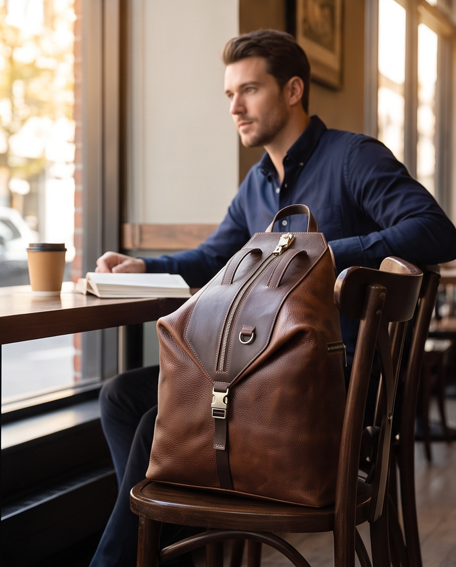 Q-TRAILHEAD Full-Grain Leather Anti-Theft Backpack for Men – 20–35L, 13.3" Laptop, Travel