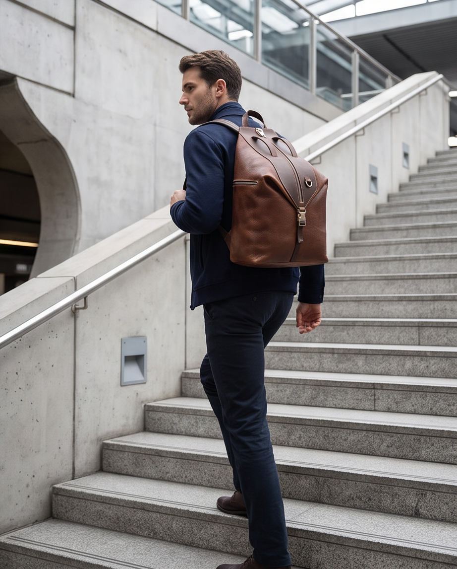 Q-TRAILHEAD Full-Grain Leather Anti-Theft Backpack for Men – 20–35L, 13.3" Laptop, Travel