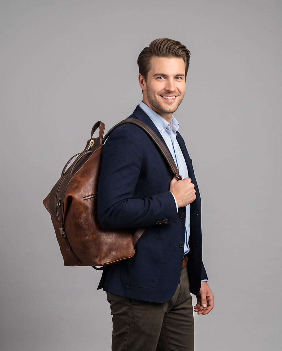Q-TRAILHEAD Full-Grain Leather Anti-Theft Backpack for Men – 20–35L, 13.3" Laptop, Travel