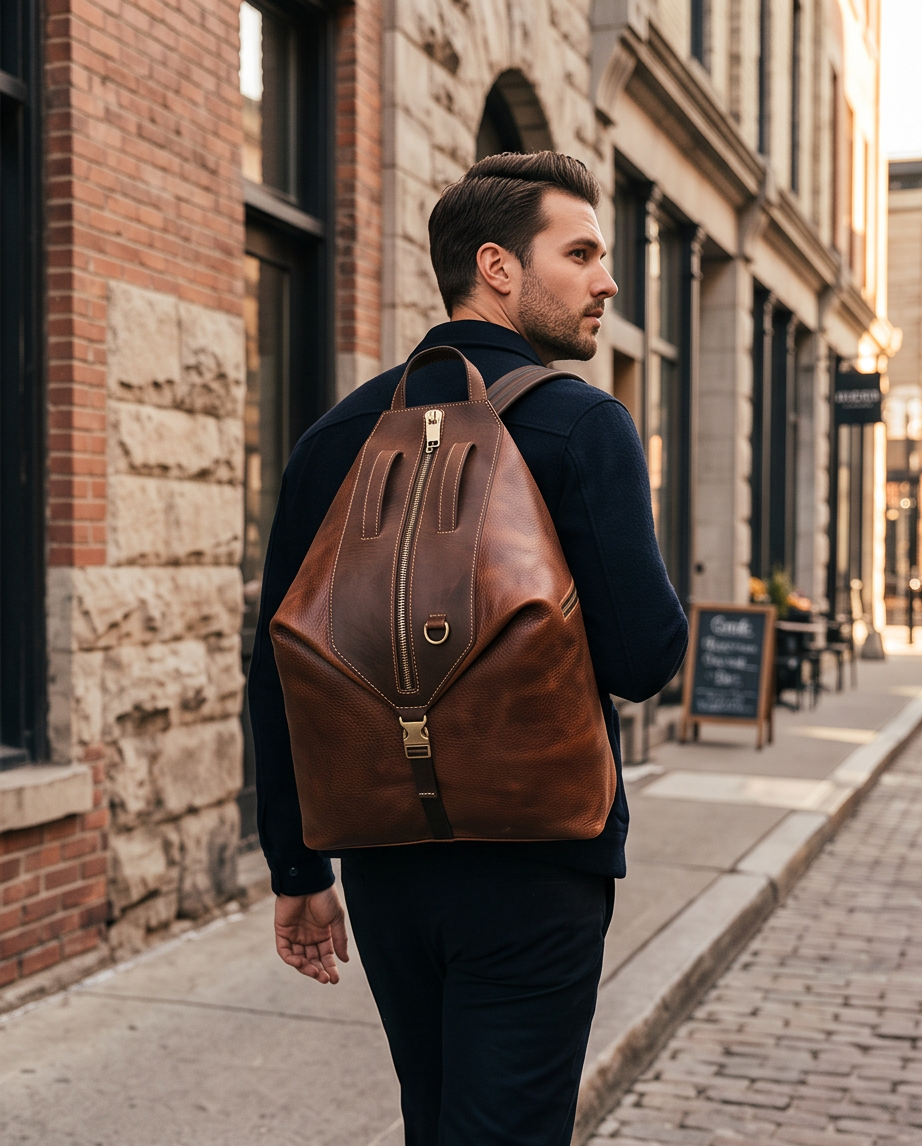 Q-TRAILHEAD Full-Grain Leather Anti-Theft Backpack for Men – 20–35L, 13.3" Laptop, Travel