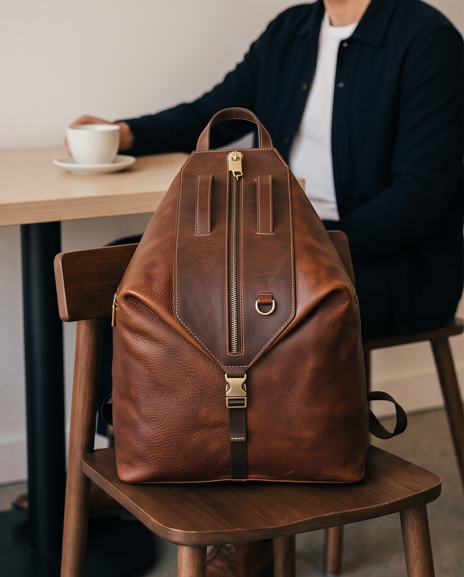 Q-TRAILHEAD Full-Grain Leather Anti-Theft Backpack for Men – 20–35L, 13.3" Laptop, Travel