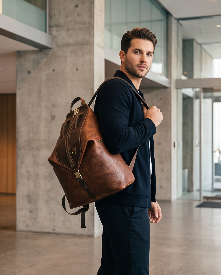 Q-TRAILHEAD Full-Grain Leather Anti-Theft Backpack for Men – 20–35L, 13.3" Laptop, Travel