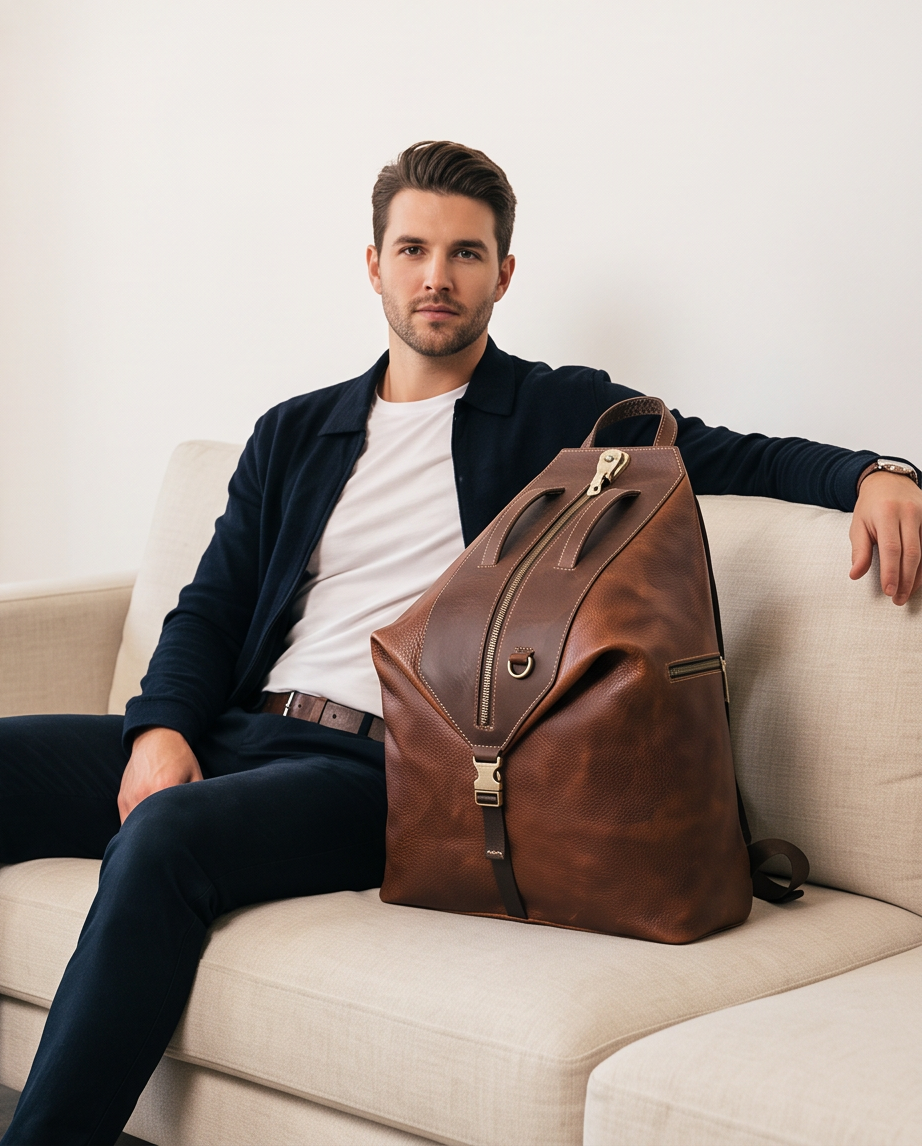 Q-TRAILHEAD Full-Grain Leather Anti-Theft Backpack for Men – 20–35L, 13.3" Laptop, Travel