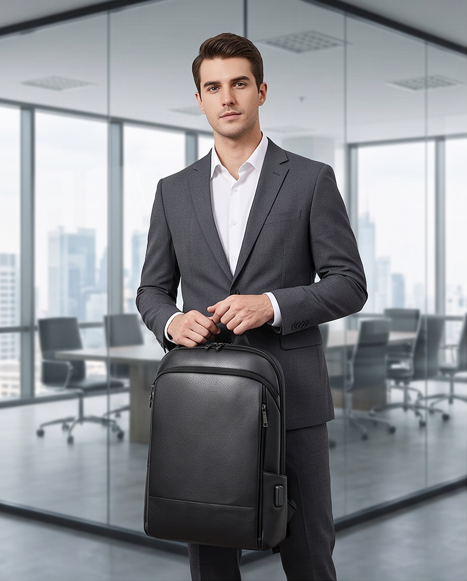 Q-STORM Genuine Leather Backpack – 15.6" Laptop, USB Charging Port, Anti-Theft
