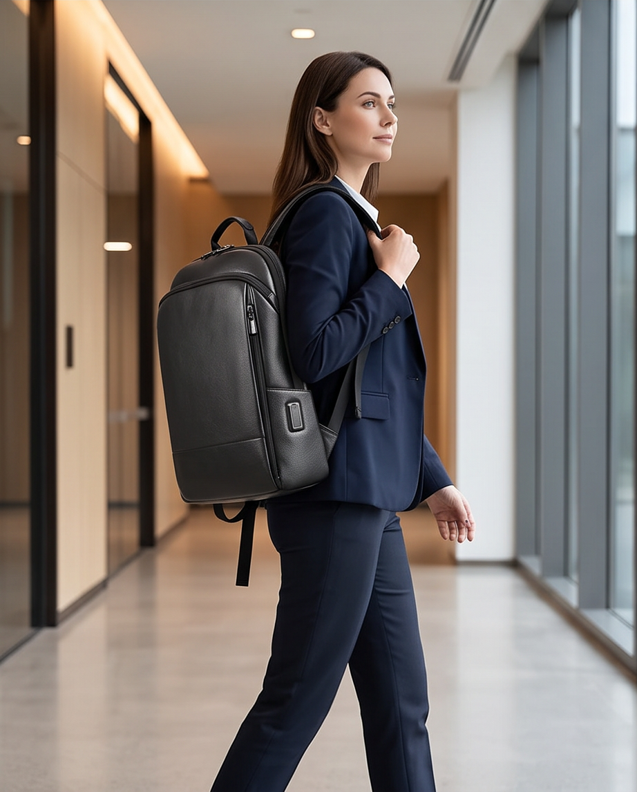 Q-STORM Genuine Leather Backpack – 15.6" Laptop, USB Charging Port, Anti-Theft