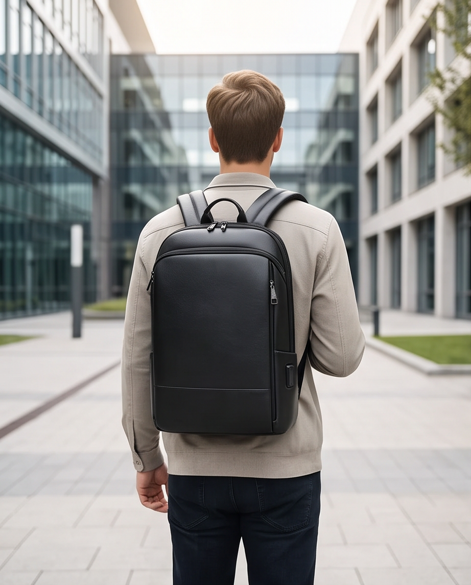 Q-STORM Genuine Leather Backpack – 15.6" Laptop, USB Charging Port, Anti-Theft