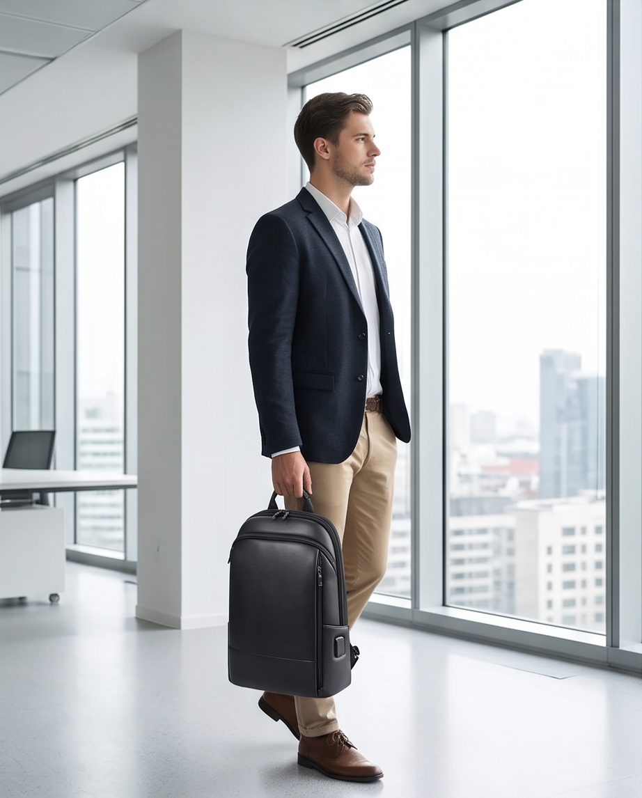 Q-STORM Genuine Leather Backpack – 15.6" Laptop, USB Charging Port, Anti-Theft