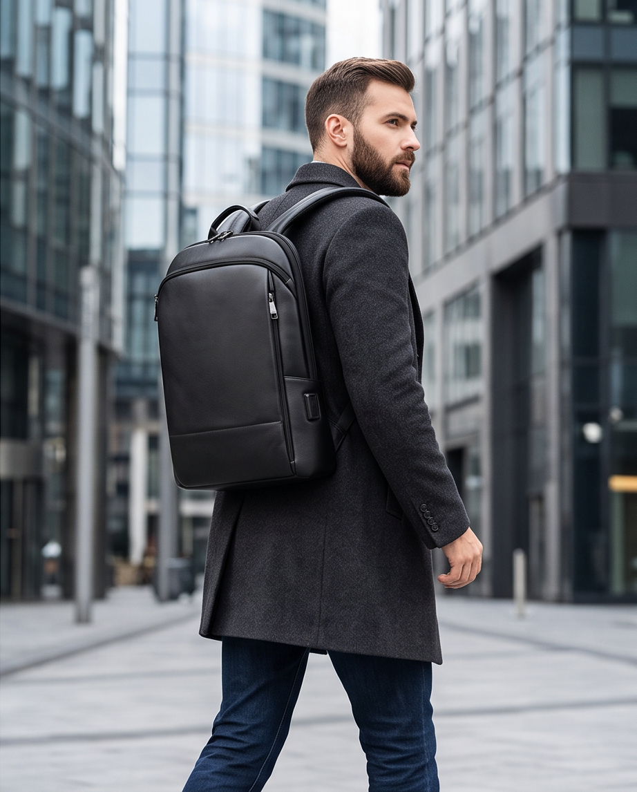 Q-STORM Genuine Leather Backpack – 15.6" Laptop, USB Charging Port, Anti-Theft