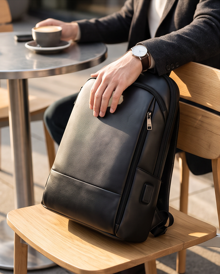 Q-STORM Genuine Leather Backpack – 15.6" Laptop, USB Charging Port, Anti-Theft
