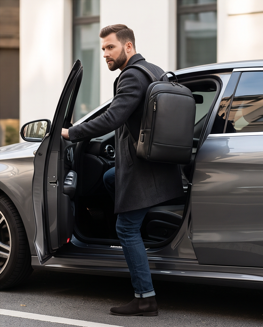 Q-STORM Genuine Leather Backpack – 15.6" Laptop, USB Charging Port, Anti-Theft