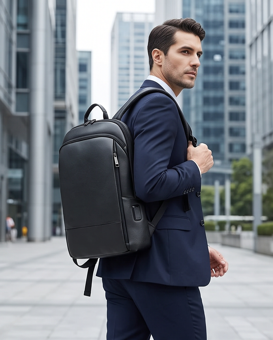 Q-STORM Genuine Leather Backpack – 15.6" Laptop, USB Charging Port, Anti-Theft