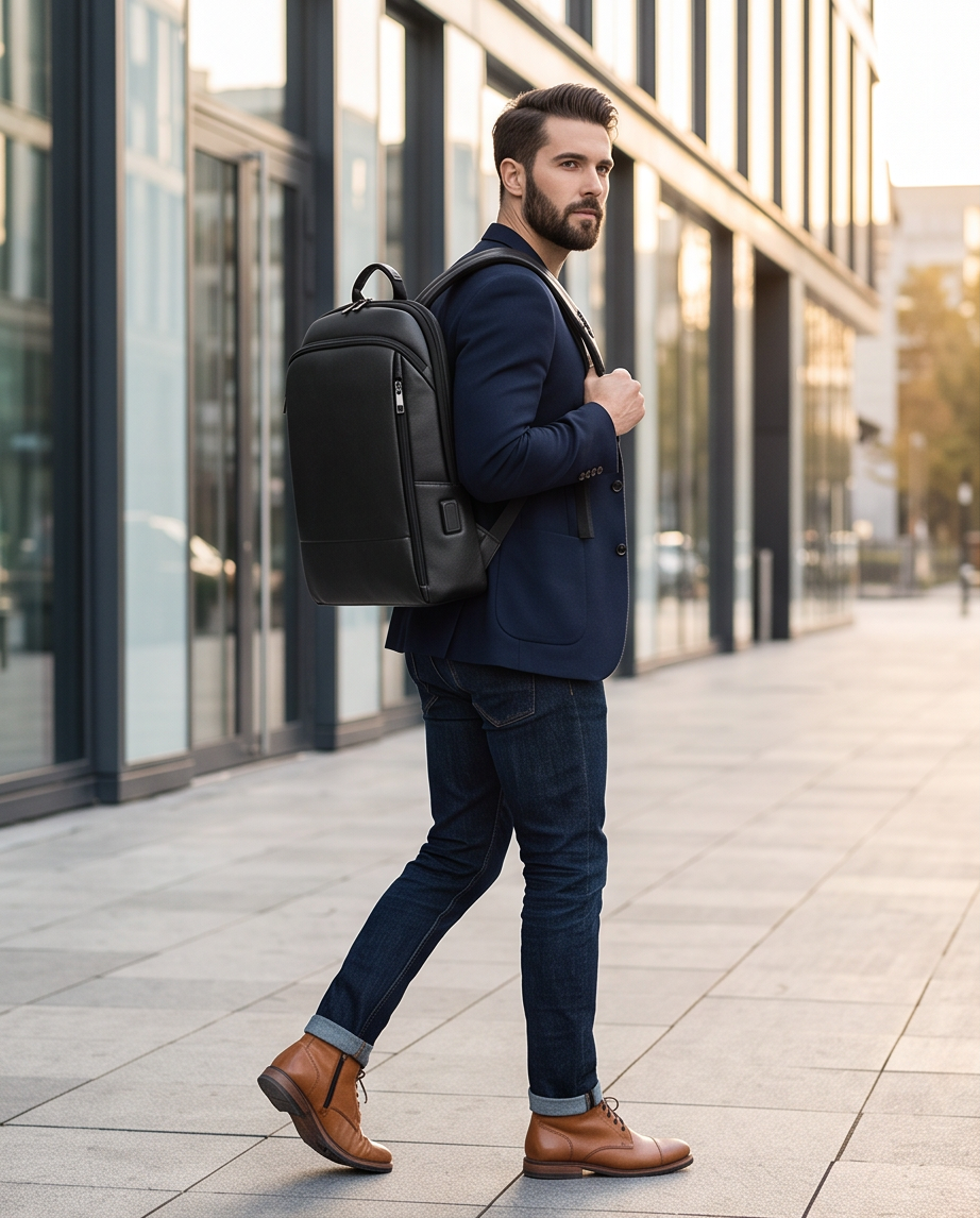 Q-STORM Genuine Leather Backpack – 15.6" Laptop, USB Charging Port, Anti-Theft