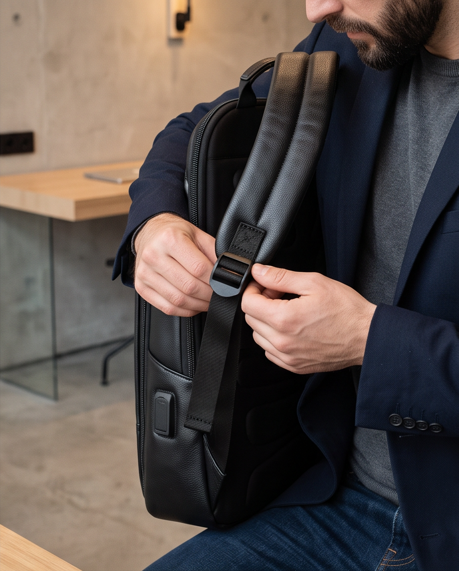 Q-STORM Genuine Leather Backpack – 15.6" Laptop, USB Charging Port, Anti-Theft