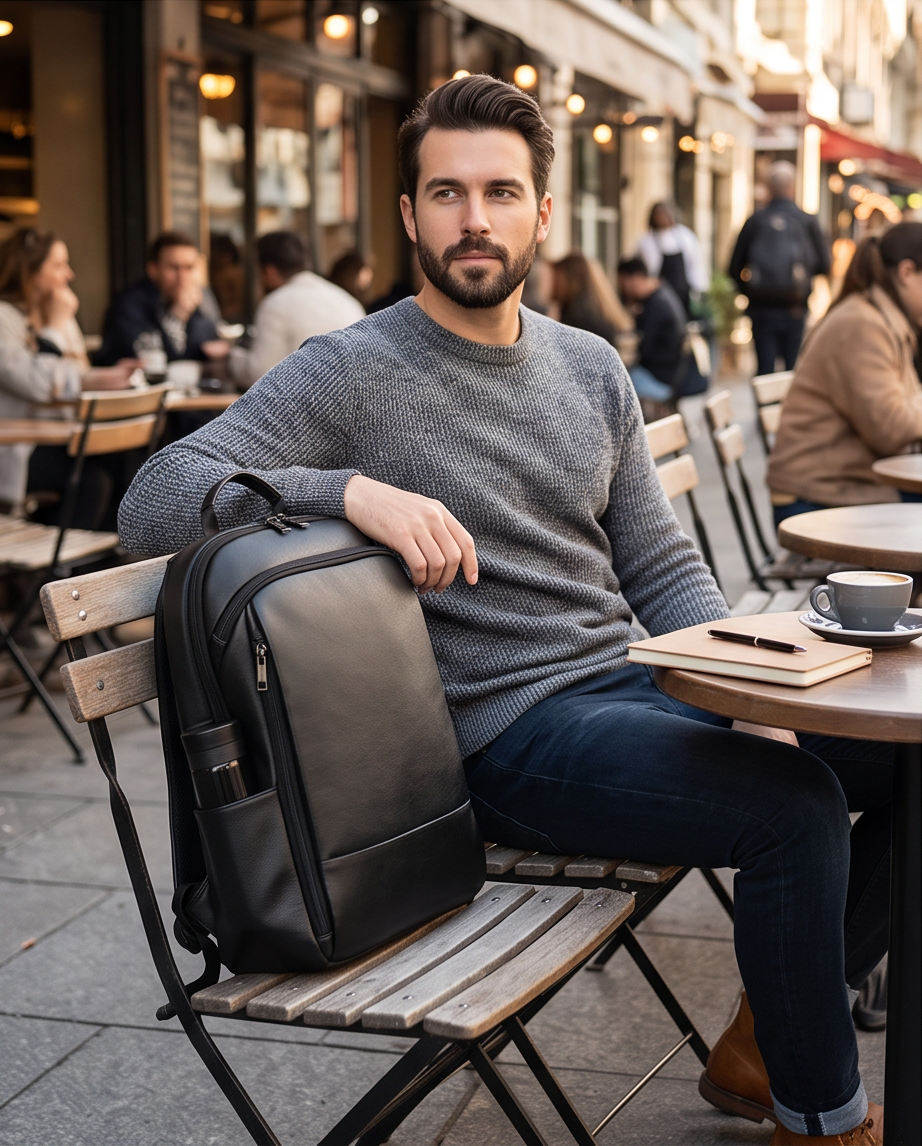 Q-STORM Genuine Leather Backpack – 15.6" Laptop, USB Charging Port, Anti-Theft