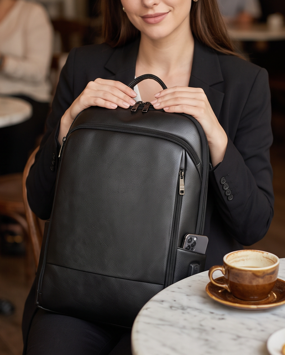 Q-STORM Genuine Leather Backpack – 15.6" Laptop, USB Charging Port, Anti-Theft