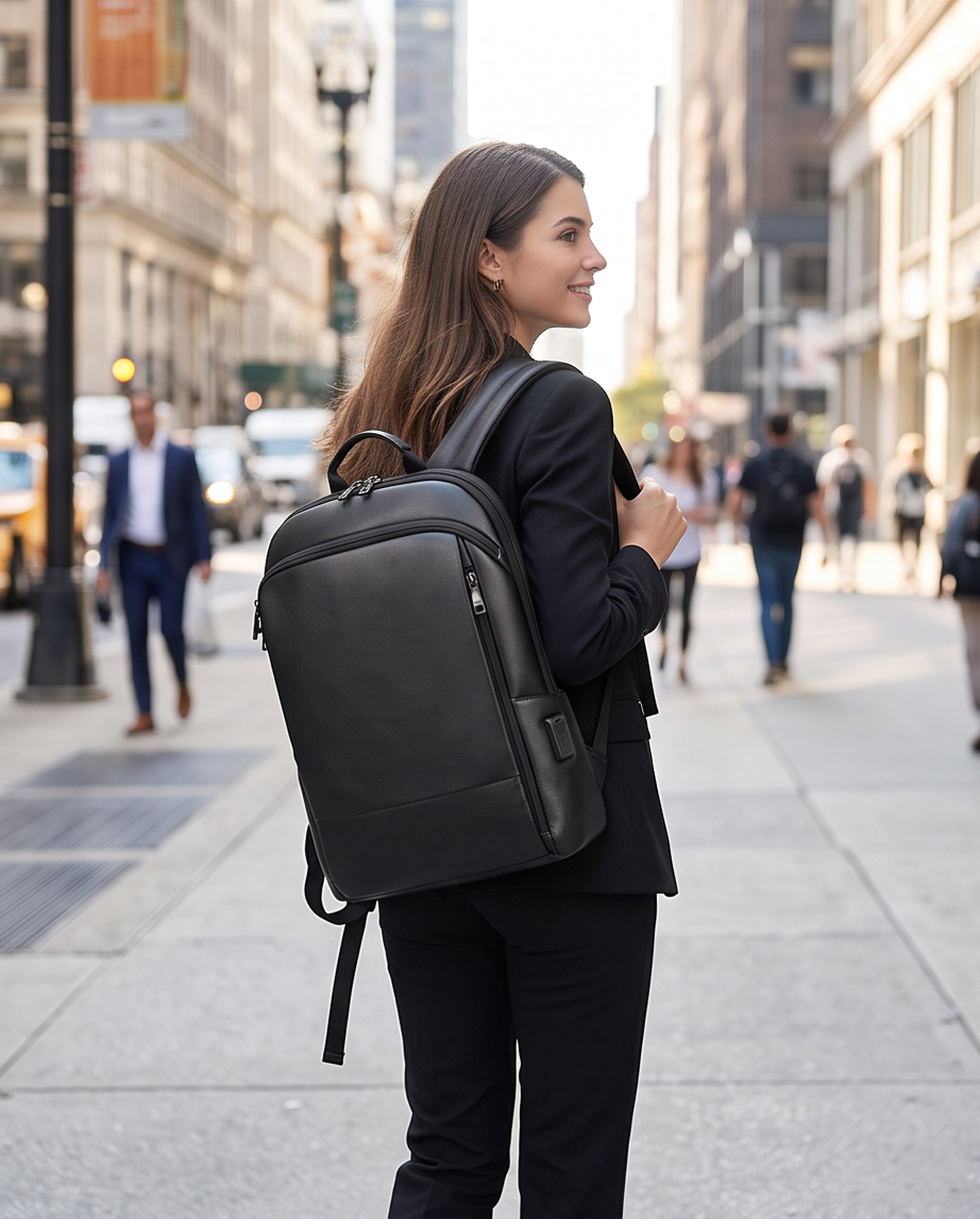 Q-STORM Genuine Leather Backpack – 15.6" Laptop, USB Charging Port, Anti-Theft