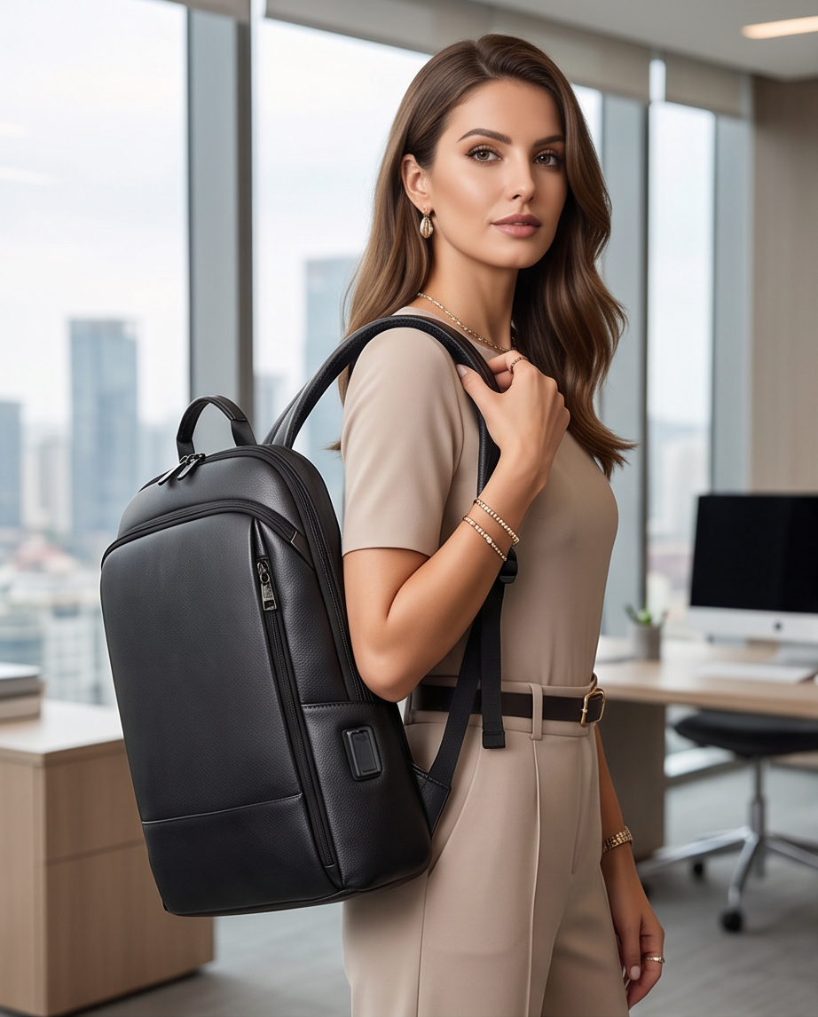 Q-STORM Genuine Leather Backpack – 15.6" Laptop, USB Charging Port, Anti-Theft