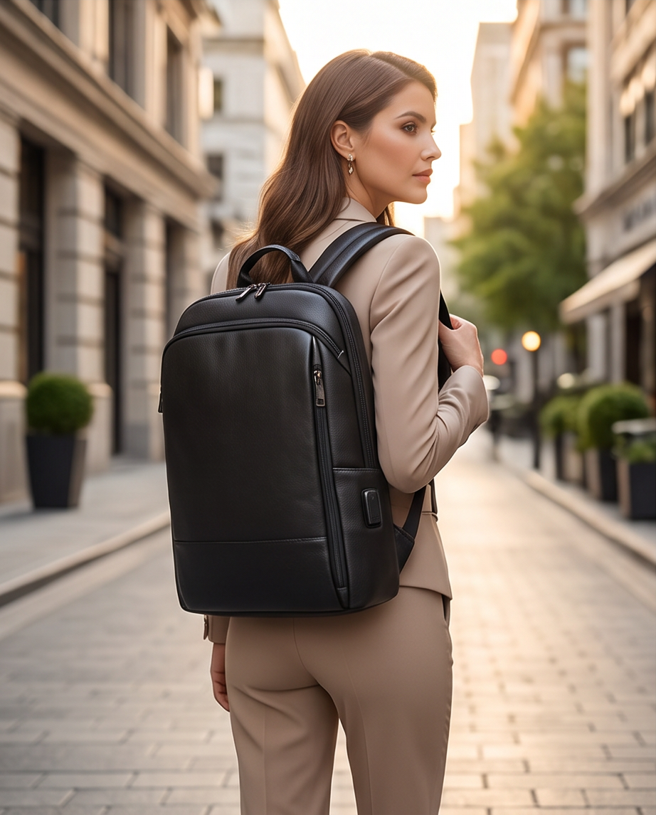 Q-STORM Genuine Leather Backpack – 15.6" Laptop, USB Charging Port, Anti-Theft