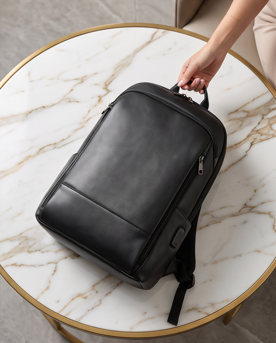 Q-STORM Genuine Leather Backpack – 15.6" Laptop, USB Charging Port, Anti-Theft