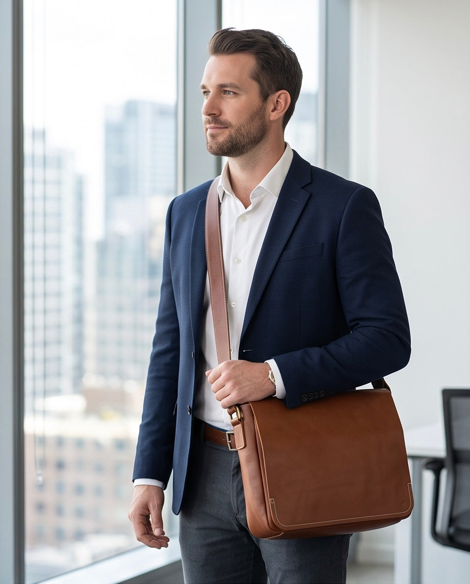Q-TITAN Full-Grain Leather Messenger Bag – 15.6" Laptop, Crossbody Satchel, Work & Travel