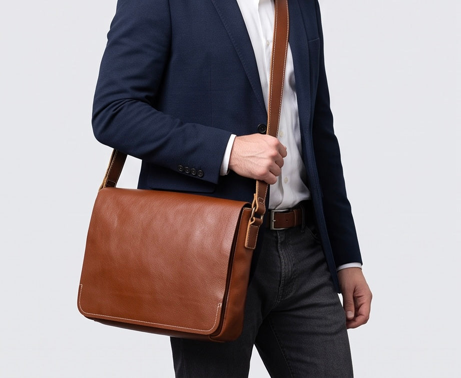 Q-TITAN Full-Grain Leather Messenger Bag – 15.6" Laptop, Crossbody Satchel, Work & Travel