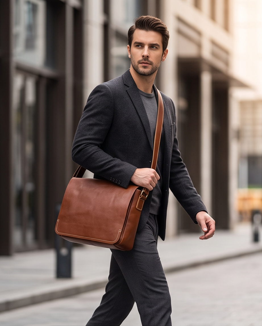 Q-TITAN Full-Grain Leather Messenger Bag – 15.6" Laptop, Crossbody Satchel, Work & Travel