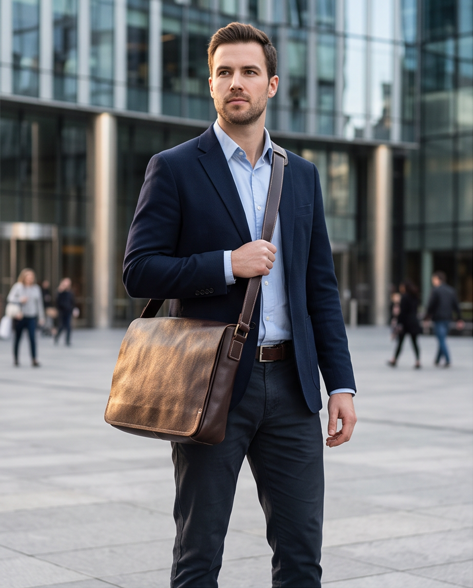 Q-TITAN Full-Grain Leather Messenger Bag – 15.6" Laptop, Crossbody Satchel, Work & Travel