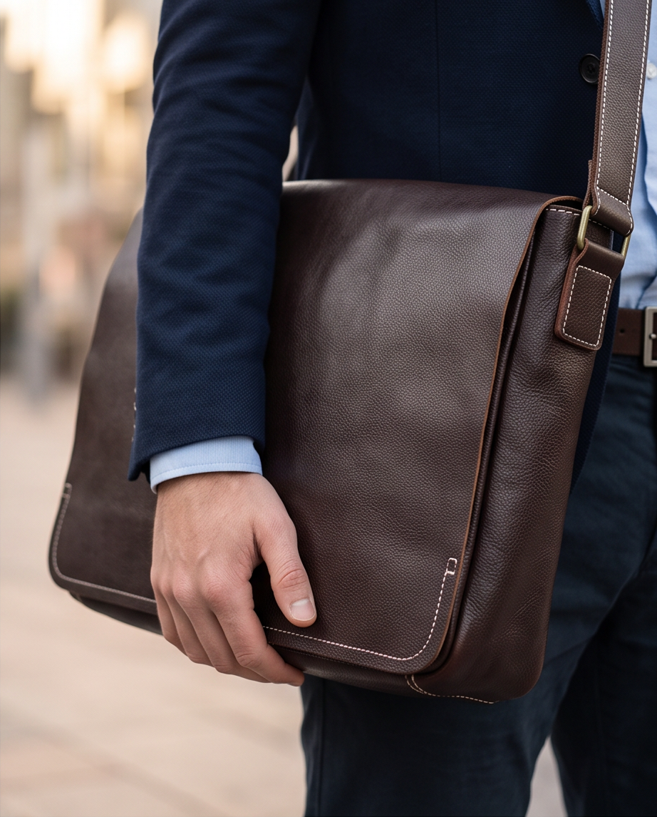 Q-TITAN Full-Grain Leather Messenger Bag – 15.6" Laptop, Crossbody Satchel, Work & Travel