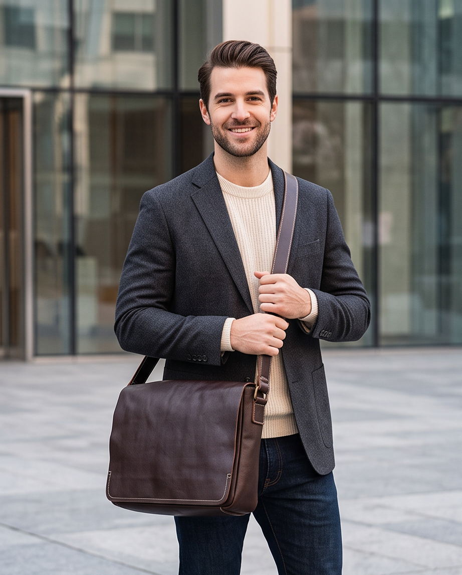 Q-TITAN Full-Grain Leather Messenger Bag – 15.6" Laptop, Crossbody Satchel, Work & Travel